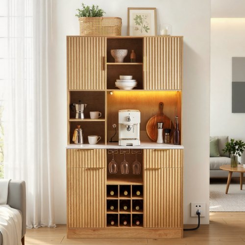 

VEVOR Wine Cabinet, Coffee Bar Cabinet with 9 Wine Bottle Racks, Modern Buffet Sideboard with Glass Holder, LED Light, Charging Station, for Home Kitchen, Living Room, Dining Room, Natural Wood Finish