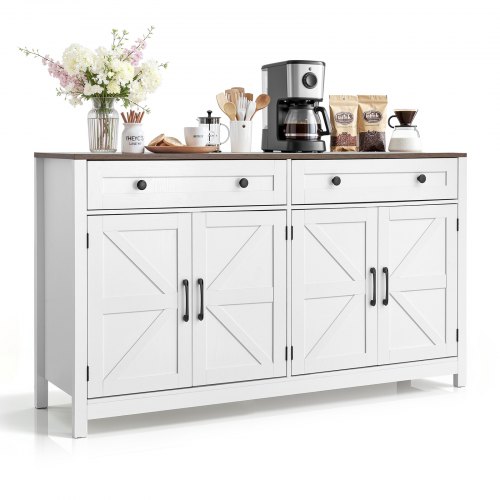 

VEVOR Coffee Bar Cabinet, Farmhouse Coffee Bar Table with 2 Drawers, Buffet Stand Cabinet with 4 Barn Doors, Sideboard Buffet Station for Living Room, Entryway, Kitchen, 55.1 x 15.5 x 31.5 in, White