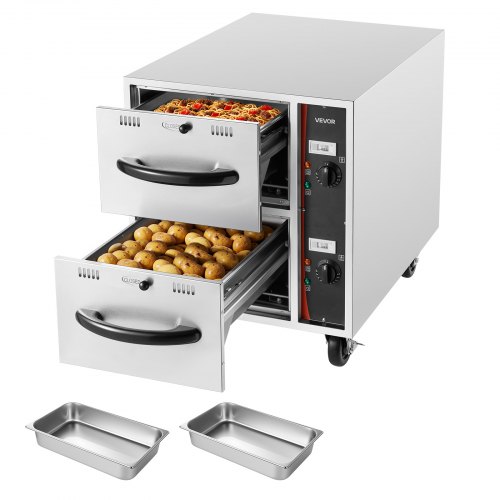 VEVOR Commercial Electric Drawer Warmer, 2 Full-Size Pan Stainless Steel Food Warmer, Freestanding Standard Warming Drawer Cabinet, 85°F–185°F Wide Temperature Range, for Restaurant, Hotel Buffet & Bakery