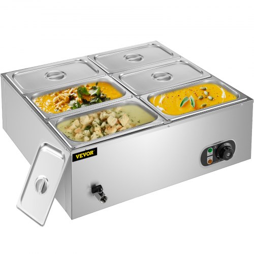 6 Pans Electric Food Warmer Commercial Stainless Steel Bain-Marie Buffet Countertop