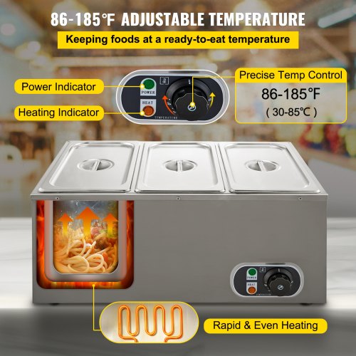 850W Food Warmer 3Pan Buffet Steam Table Bain-Marie Restaurant Commercial 110V