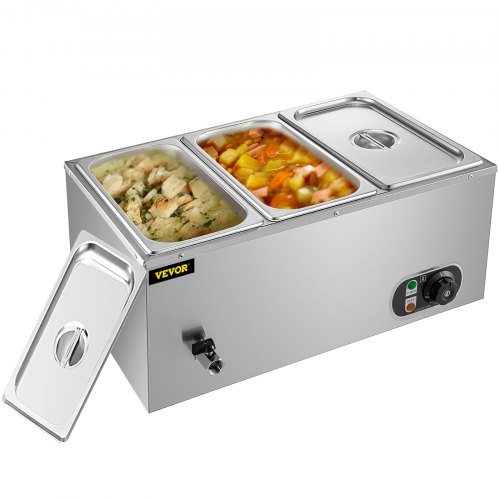 VEVOR 110V 3-Pan Commercial Food Warmer, 1200W Electric Steam Table 15cm/6inch Deep, Professional Stainless Steel Buffet Bain Marie 16 Quart for Catering and Restaurants