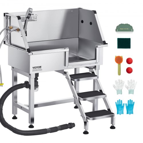 

34" Dog Grooming Bath Tub Stainless Steel w Stairs Faucet Showerhead