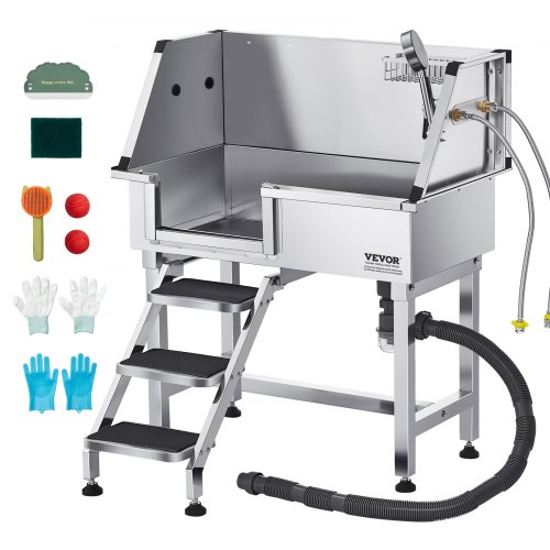 

VEVOR 34 Inch Stainless Steel Dog Washing Station, Pet Grooming Tub with Hot & Cold Faucet, Showerhead, Home Wash Sink, Fits Small Cats and Dogs, Non-Slip Stairs (Left Door)
