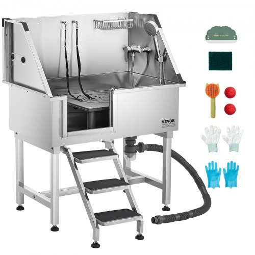 

VEVOR 38 Inch Stainless Steel Dog Washing Station, Pet Grooming Tub with Hot & Cold Faucet, Showerhead, Home Wash Sink, Fits Small and Medium Cats and Dogs, Non-Slip Stairs (Left Door)