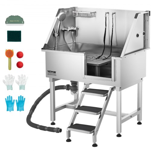 

VEVOR 38 Inch Stainless Steel Dog Washing Station, Pet Grooming Tub with Hot & Cold Faucet, Showerhead, Home Wash Sink, Fits Small and Medium Cats and Dogs, Non-Slip Stairs (Right Door)