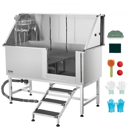 

62 Inch Dog Grooming Bath Tub Stainless Steel w Stairs Water Filter