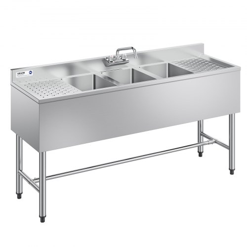 

VEVOR 3 Compartment Sink, 18-Gauge 304 Stainless Steel, 10" x 14" x 10" Bowl Size, 3 Bay Commercial Under Bar Sink with Double Drainboard and Backsplash for Kitchen, Restaurant, Food Truck & Home Use