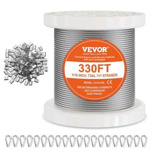 

VEVOR T304 Stainless Steel Cable 1.59mm 7x7 Steel Wire Rope 100.6m Cable Railing