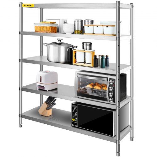 VEVOR Storage Shelf, 5-Tier Storage Shelving Unit, Stainless Steel Garage Shelf, 180.1 x 45 x 180.1 cm Heavy Duty Storage Shelving, 748.4 kg Total Capacity with Adjustable Height