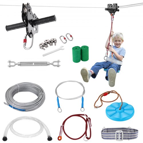 

VEVOR Zipline Kit for Kids and Adult, 100 ft Zip Line Kits Up to 500 lb, Backyard Outdoor Quick Setup Zipline, Playground Entertainment with Stainless Steel Zipline, Spring Brake, Safety Harness, Seat