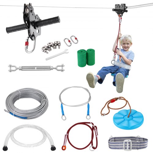 

VEVOR Zipline Kit for Kids and Adult, 80 ft Zip Line Kits Up to 500 lb, Backyard Outdoor Quick Setup Zipline, Playground Entertainment with Stainless Steel Zipline, Spring Brake, Safety Harness, Seat
