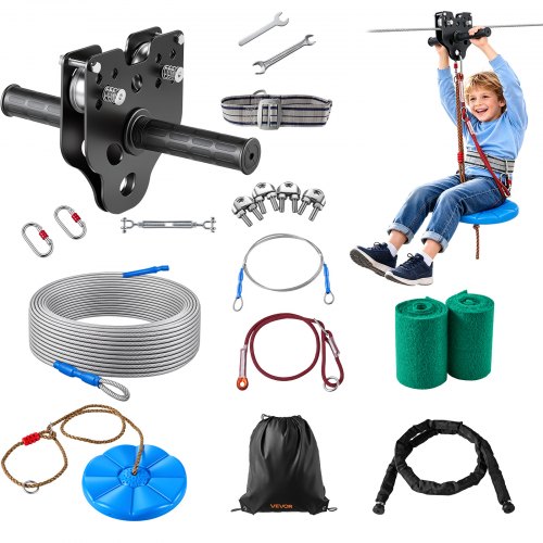 Vevor Zipline Kit, 160 ft, 6 mm Steel Cable, Backyard Zipline, Up to 330 lb, for Outdoor, Durable Zipline for Kids with 6.9 ft Spring Brake, Removable Trolley & Swing Seat, Ages 6-16, Not for Adults