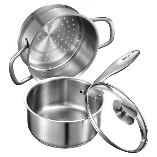VEVOR 1.5 QT Saucepan with Steamer, Stainless Steel Saucepan with Glass Lid, Multipurpose Nonstick Stainless Steel Sauce Pot with Ergonomic Handle, Fr