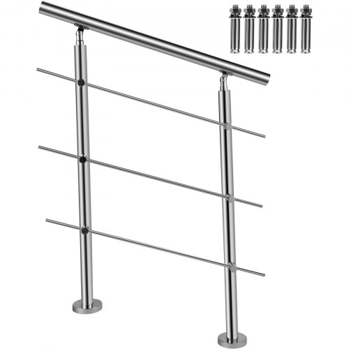 VEVOR Stainless Stair Handrail with 3 Cross Bars Hand Rails for Steps 39.4" Long 201 Stainless Steel Handrail Floor Mount Garden Handrail Easy Installation Hand Rails Outdoor for Indoor Railings