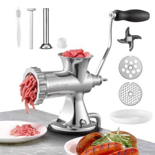 

VEVOR Manual Meat Grinder, 304 Stainless Steel Hand Meat Grinder with Suction Cup + Steel Table Clamp, Meat Mincer Sausage Maker & 2 Cutting Plates, Sausage Tube, Grinding Head for Beef Pepper Cookie