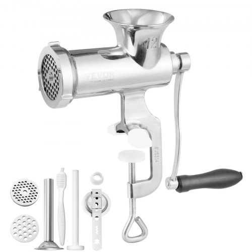 

VEVOR Manual Meat Grinder, 304 Stainless Steel Hand Meat Grinder with Steel Table Clamp, Meat Mincer Sausage Maker & 2 Cutting Plates, Cookie Attachment, Sausage Tube for Beef Pepper Mushroom Cookie