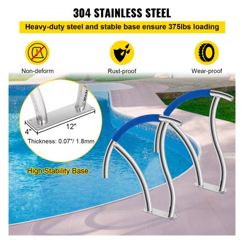 Swimming Pool Hand Rail Stainless Steel Ladder Outdoor Stair Rail w/ Base Plate