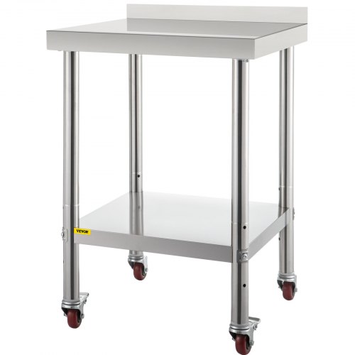 

VEVOR Stainless Steel Prep Table, 24 x 24 x 35 Inch, 440lbs Load Capacity Heavy Duty Metal Worktable with Backsplash Adjustable Undershelf & 4 Casters, Commercial Workstation for Kitchen Restaurant