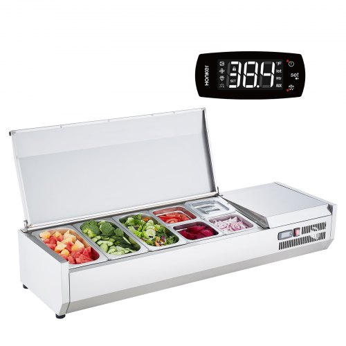 

VEVOR Refrigerated Condiment Prep Station, 140 W Countertop Refrigerated Condiment Station, with 3 1/3 Pans & 4 1/6 Pans, 304 Stainless Body and PC Lid, Sandwich Prep Table with Stainless Guard, ETL