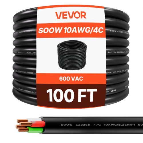 VEVOR 100 FT 10AWG Portable Power Cable (4 Conductor), Heavy Duty 600V SOOW Elec