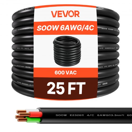 

VEVOR 25 FT 6AWG Portable Power Cable (4 Conductor), Heavy Duty 600V SOOW Electrical Power Cable, Industrial Grade Electric Wire, Premium CPE Rubber Jacket, Copper Extension Cord for Welder Machine