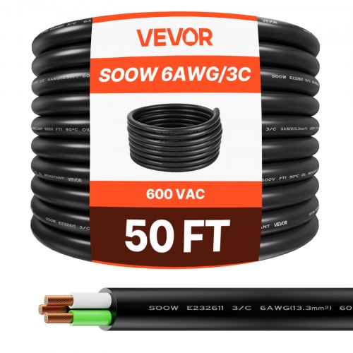 

VEVOR 15.24 m 6AWG Portable Power Cable (3 Conductor), Heavy Duty 600V SOOW Electrical Power Cable, Industrial Electric Wire, Premium CPE Rubber Jacket, Copper Extension Cord for Welder Machine