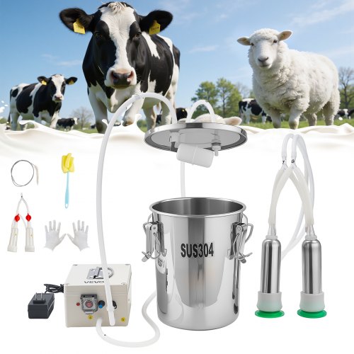 

VEVOR Goat Milking Machine, 1.8 Gal / 7 L Food-Grade Stainless Steel Bucket, 4 Teat Cups for Cows and Goats, with 8000 mAh Rechargeable Battery, Electric Pulsation Milking Machine Portable Milker