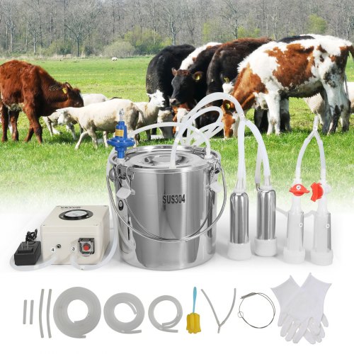 Vevor Goat Milking Machine, 12 L 304 Stainless Steel Bucket, Electric Automatic Pulsation Vacuum Milker, Portable Milker with Food-grade Silicone Cups and Tubes, Adjustable Suction for Cows and Sheep