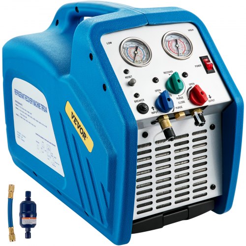 VEVOR Refrigerant Recovery Machine, 115V 60Hz Portable Freon Recycle Unit for Automotive A/C Systems, 1HP Dual Cylinder for Both Liquid and Vapor Refrigerant, Air Condition Blue