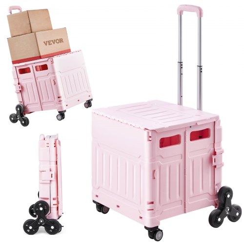 

VEVOR Foldable Utility Cart, 65L Collapsible Portable Crate Rolling Cart with Stair Climbing Wheels & 360° Swivel Wheels, Hand Cart with Telescoping Handle for Shopping Office Moving Teacher, Pink