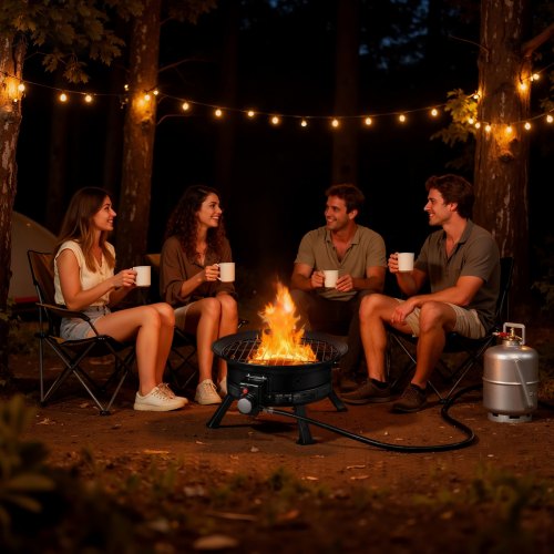 

VEVOR Propane Fire Pit 19-Inch, 53,000 BTU Portable Gas Fire Pit, with Grill Grate & Lava Rocks, Adjustable Flame, Folding Legs,Smokeless Outdoor Firebowl for Camping, Patio, Backyard, Deck, RV, Black