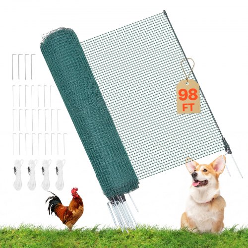 

VEVOR Temporary Fence with Posts, 3 x 98.4 FT Plastic Mesh Fencing, Garden Safety Fences Netting with Double-Spike Stakes & Guy Ropes, Temporary Fence for Dogs, Chickens, Plants, Outdoor Yards