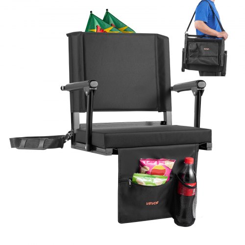 

VEVOR Stadium Seat, Portable Bleacher Seat with Armrest, Back Support and Thick Cushion, Bench Chair for Bleacher Includes Shoulder Strap, Hooks, Cup Holder, Black Football Bleachers Seats, 1PCS