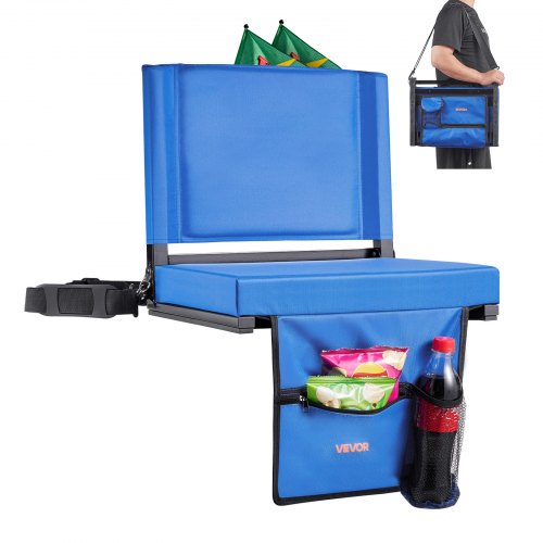 

VEVOR Stadium Seat, Folding Bleacher Chair with Back Support and Thick Cushion, Padded Stadium Seat for Bleacher Includes Shoulder Strap, Hooks, Cup Holder, and Side Pocket, Blue Bleachers Chair