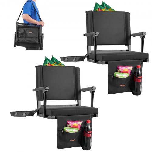 

VEVOR Stadium Seat, Portable Bleacher Seat with Armrest, Back Support and Thick Cushion, Bench Chair for Bleacher Includes Shoulder Strap, Hooks, Cup Holder, Black Football Bleachers Seats, 2PCS
