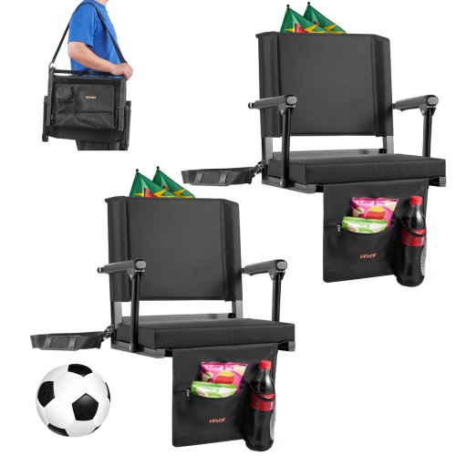 

VEVOR Stadium Seat, Portable Bleacher Seat with Armrest, Back Support and Thick Cushion, Bench Chair for Bleacher Includes Shoulder Strap, Hooks, Cup Holder, Black Football Bleachers Seats, 2PCS