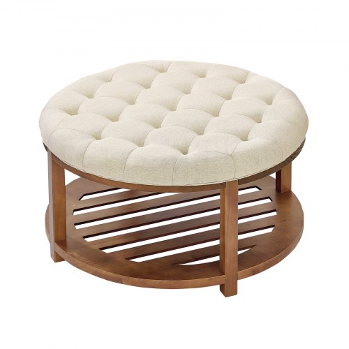 Large Round Ottoman Coffee Table 31.9 Inch Upholstered Tufted Linen Ottoman