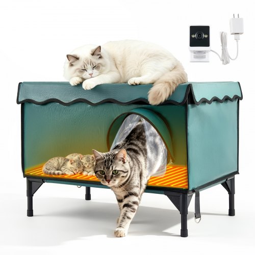 VEVOR Elevated Heated Cat House 25.4W Insulated Kitty Shelter with Camera, for Indoor Outdoor Winter Use, 2-Door & Private Side Curtain, Weatherproof Stray Feral Shelter with Heated Pad for Outside