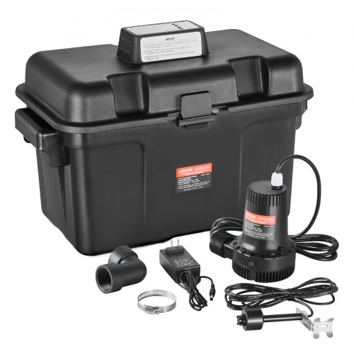 

VEVOR Basement Emergency Back-Up Sump Pump, 2000GPH 0.17 HP Backup Sump Pump System, with 15V Adapter, Float Switch, 24-Hour-a-Day Monitoring Controller, Alerts, and Charger, Black