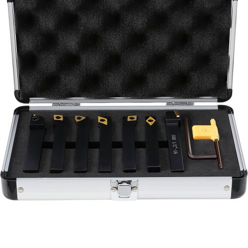 

VEVOR 7 Pieces Indexable Lathe Turning Tool Holder, 1/2 in, CNC Heavy-Duty Metal Lathe Cutting Tools, with Tin Coated Carbide Inserts Aluminum Case, for Turning Grooving Threading Cut Off Holders Set