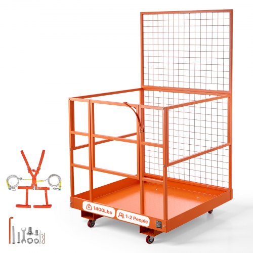 

VEVOR Forklift Safety Cage, 48.2 x 45.2 Inch, Heavy Duty Forklift Man Basket, 1400 lbs Capacity Work Platform Lift Basket with Safety Harness, Lock, Wheels, Drain Hole, for Aerial Work Lifting Loader