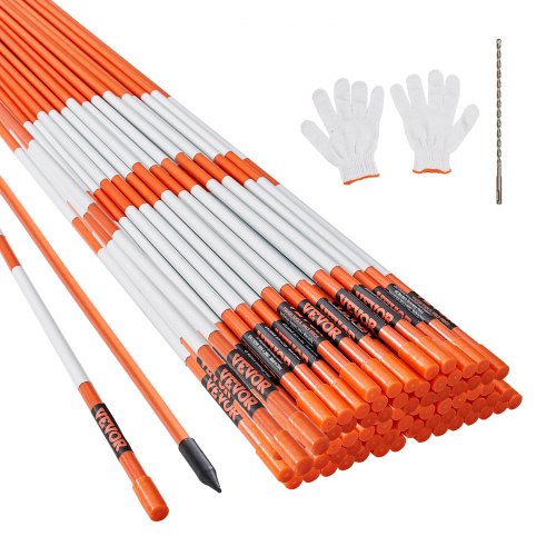 VEVOR Driveway Markers, 100 PCS 48 inch, 0.4 inch Diameter, Orange Fiberglass Poles Snow Stakes with Reflective Tape, 12"" Steel Drill Bit & Protection