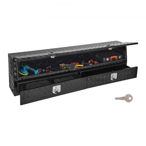 VEVOR Contractor Truck Tool Box, 81.5 x 21 x 13 in, Black Tread Aluminum TopSider Toolbox with Two Lower Drawers, Flip Up Door, Weather-Resistant Heavy Duty Storage Box, with Latch, for Truck Bed CDGJXL882113GEXQS001V0