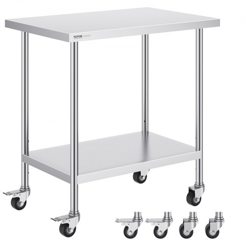 

VEVOR Stainless Steel Work Table 24 x 36 x 38 Inch, with 4 Wheels, 3 Adjustable Height Levels, Heavy Duty Food Prep Worktable for Commercial Kitchen Restaurant, Silver