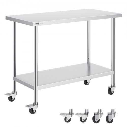 VEVOR Stainless Steel Work Table 24 x 48 x 38 Inch, with 4 Wheels, 3 Adjustable Height Levels, Heavy Duty Food Prep Worktable for Commercial Kitchen R