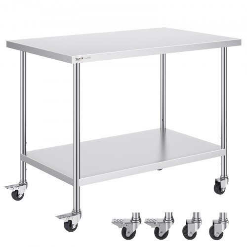 

VEVOR Stainless Steel Work Table 30 x 48 x 38 Inch, with 4 Wheels, 3 Adjustable Height Levels, Heavy Duty Food Prep Worktable for Commercial Kitchen Restaurant, Silver