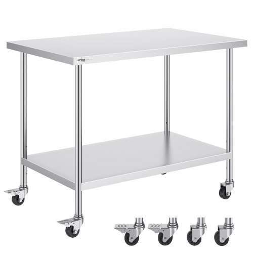 VEVOR Stainless Steel Work Table 30 x 48 x 38 Inch, with 4 Wheels, 3 Adjustable Height Levels, Heavy Duty Food Prep Worktable for Commercial Kitchen R