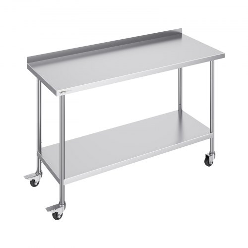 VEVOR 24 x 60 x 40 Inch Stainless Steel Work Table, Commercial Food Prep Worktable with Casters, Heavy Duty Prep Worktable, Metal Work Table with Adju