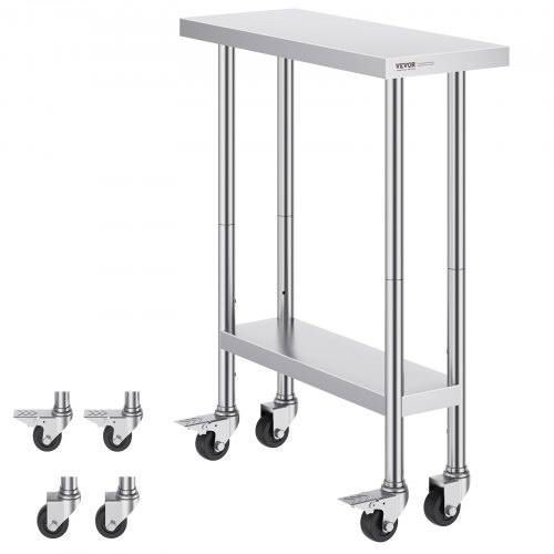 

VEVOR Stainless Steel Work Table 30 x 12 x 38 Inch, with 4 Wheels, 3 Adjustable Height Levels, Heavy Duty Food Prep Worktable for Commercial Kitchen Restaurant, Silver